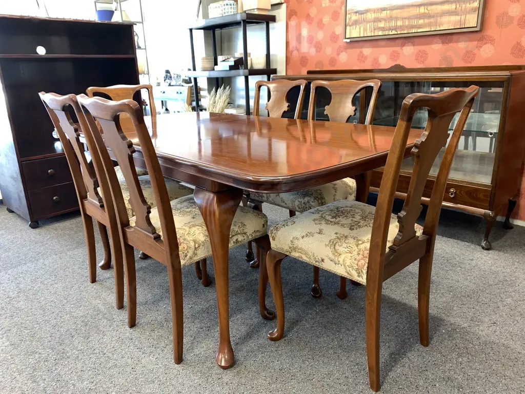 Queen Anne Style Rectangular Dining Table & Six Chairs, Tapestry & Braided Seats, With Extension Image 1++