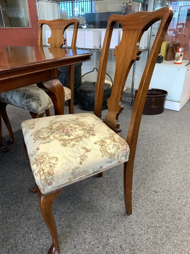 Queen Anne Style Rectangular Dining Table & Six Chairs, Tapestry & Braided Seats, With Extension Image 1++