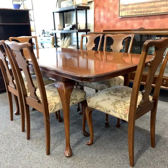 Queen Anne Style Rectangular Dining Table & Six Chairs, Tapestry & Braided Seats, With Extension
