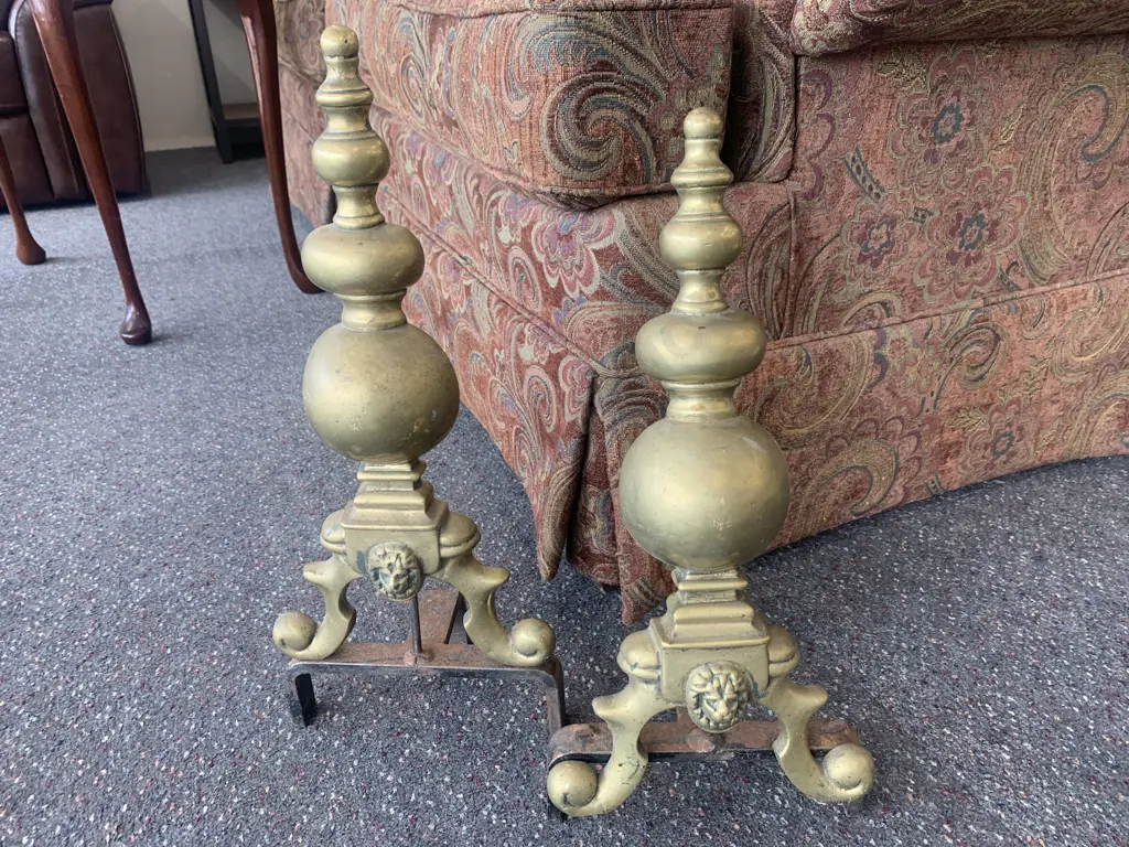 Pair of Vintage Brass Fire Dogs With Lion Head Detail H48cm Image 1++