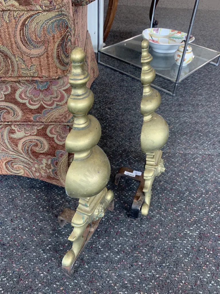 Pair of Vintage Brass Fire Dogs With Lion Head Detail H48cm Image 1++