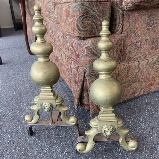 Pair of Vintage Brass Fire Dogs With Lion Head Detail H48cm