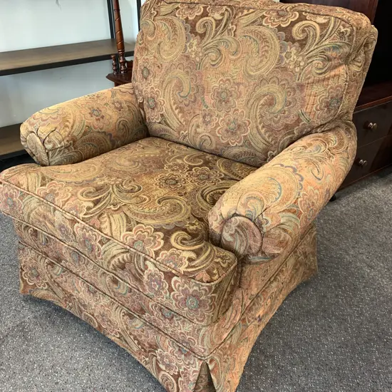 Stunning Paisley Upholstered Armchair, Rolled Arms, Earthy Tones, H95 W95 D100cm