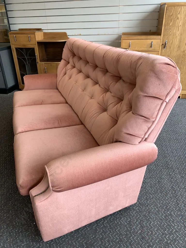 Vintage Salmon Colour 3 Seater Button Back Sofa, Dome Detailing, L190cm Image 1++