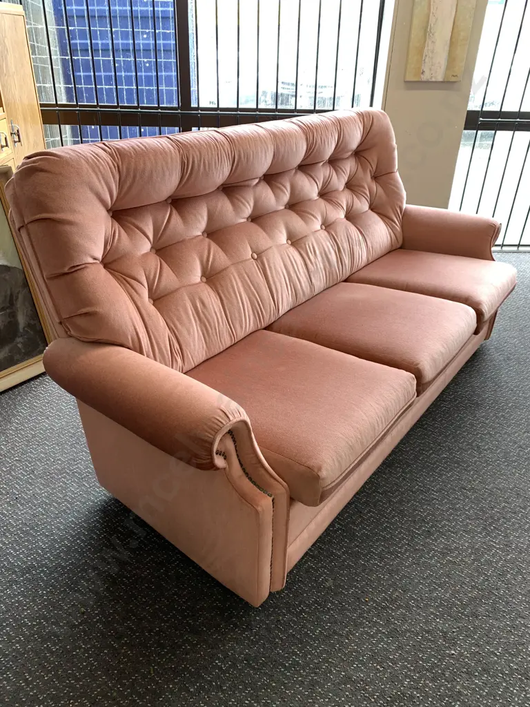 Vintage Salmon Colour 3 Seater Button Back Sofa, Dome Detailing, L190cm Image 1++