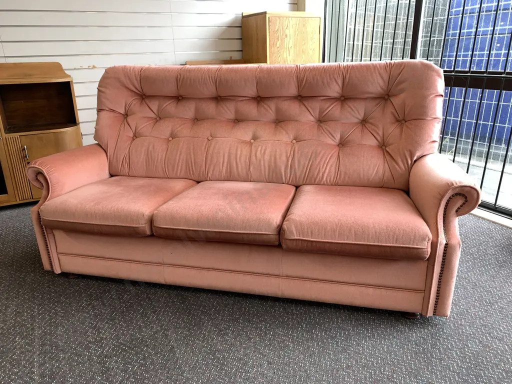 Vintage Salmon Colour 3 Seater Button Back Sofa, Dome Detailing, L190cm Image 1++