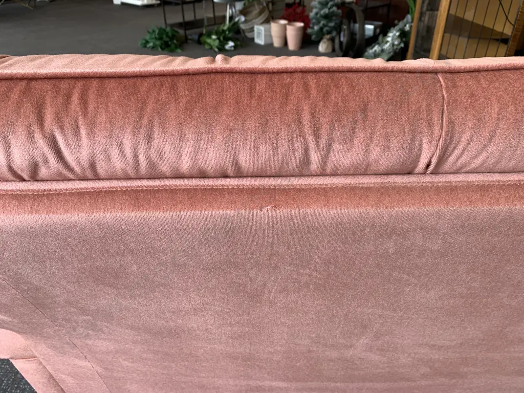Vintage Salmon Colour 3 Seater Button Back Sofa, Dome Detailing, L190cm Image 1++