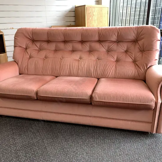 Vintage Salmon Colour 3 Seater Button Back Sofa, Dome Detailing, L190cm