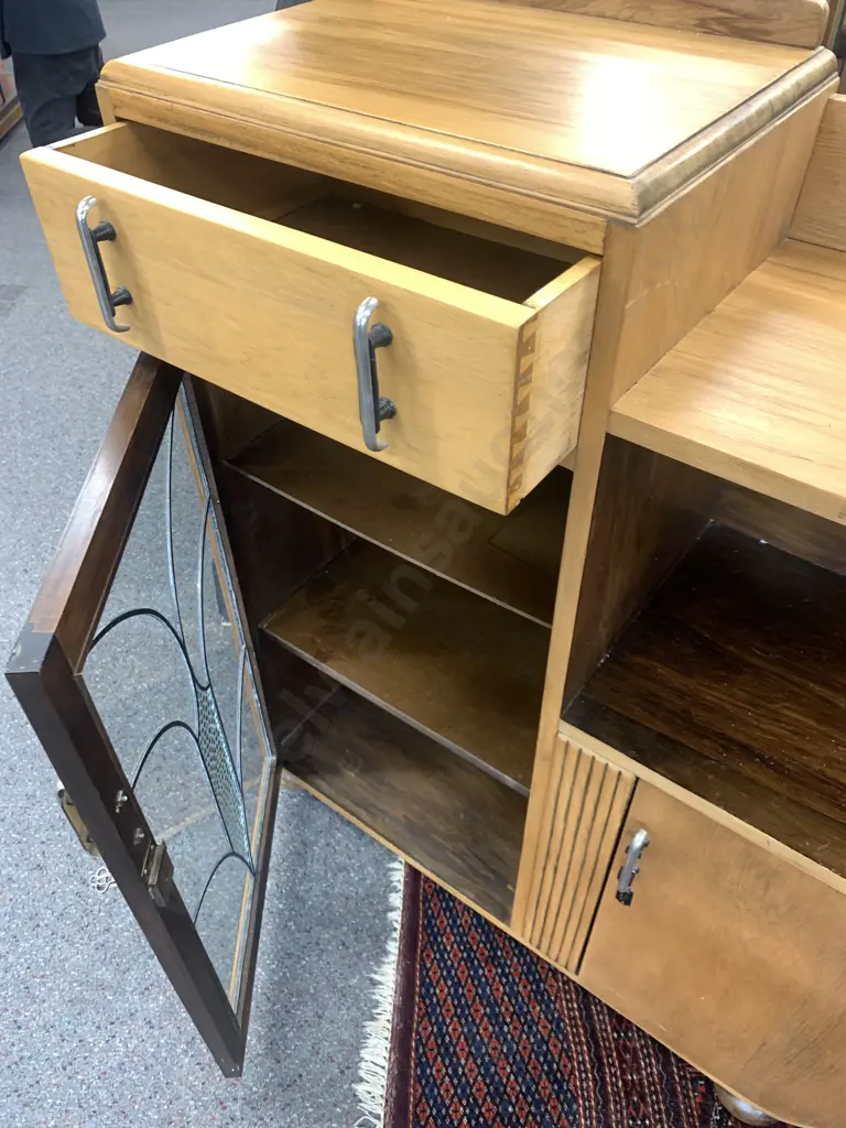 Art Deco Rimu Leadlight Display Cabinet, With Key, Curved End, H103 W94 D36cm Image 1++