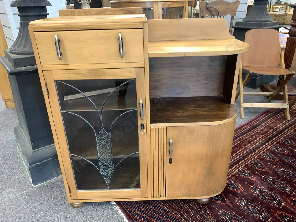 Art Deco Rimu Leadlight Display Cabinet, With Key, Curved End, H103 W94 D36cm Image 1++