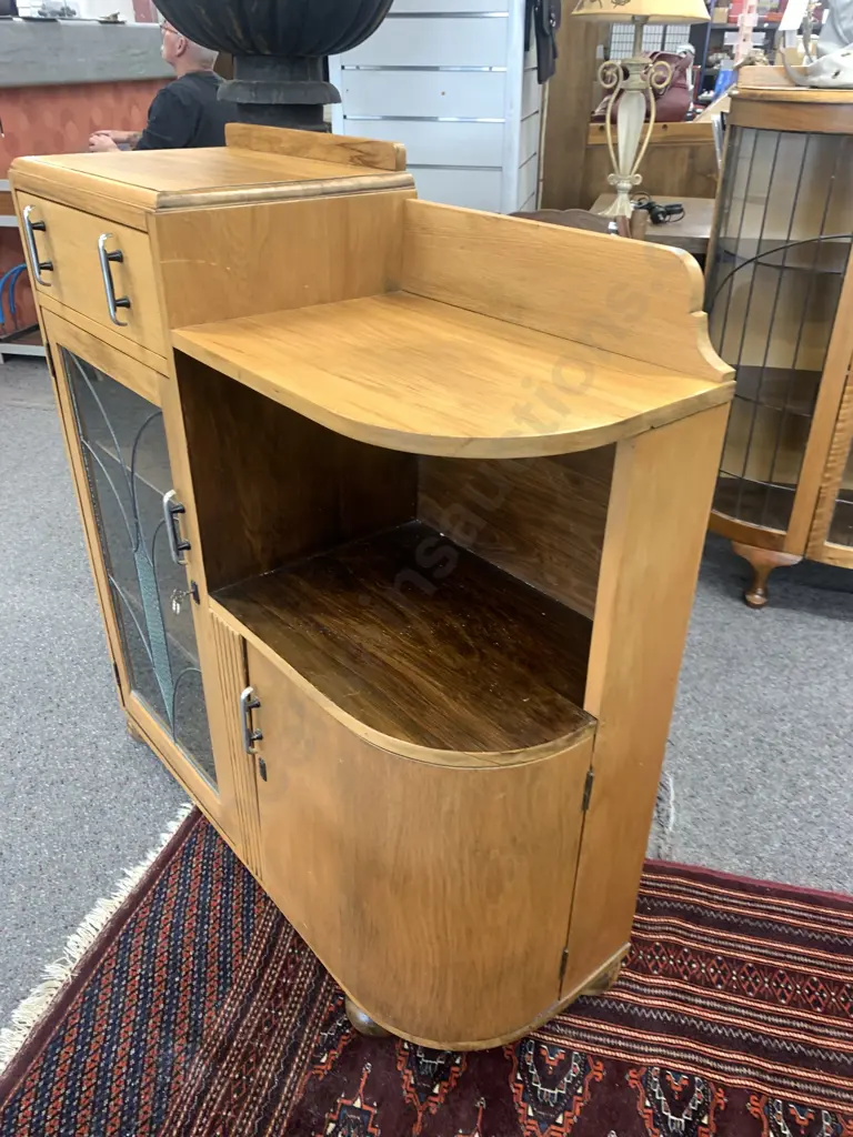 Art Deco Rimu Leadlight Display Cabinet, With Key, Curved End, H103 W94 D36cm Image 1++