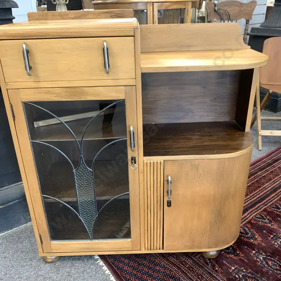 Art Deco Rimu Leadlight Display Cabinet, With Key, Curved End, H103 W94 D36cm
