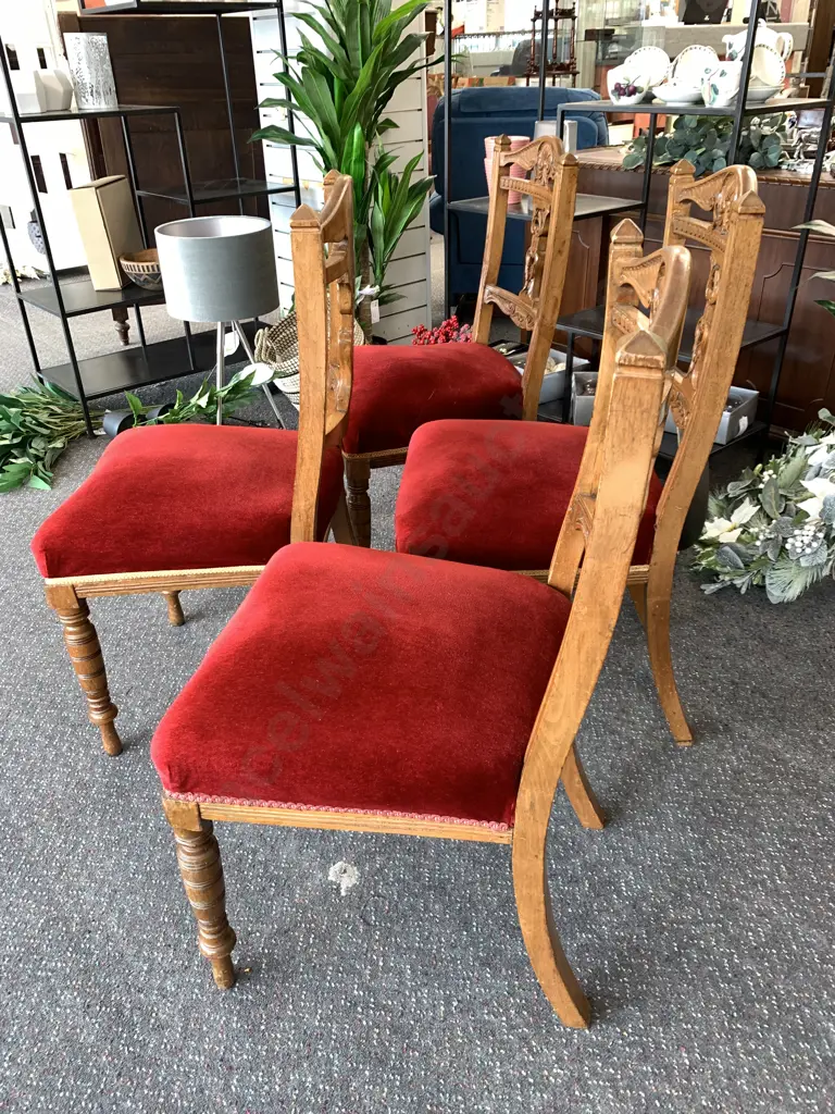 Set of 4 Edwardian Sprung Dining Chairs, Heavily Carved Backs Image 1++