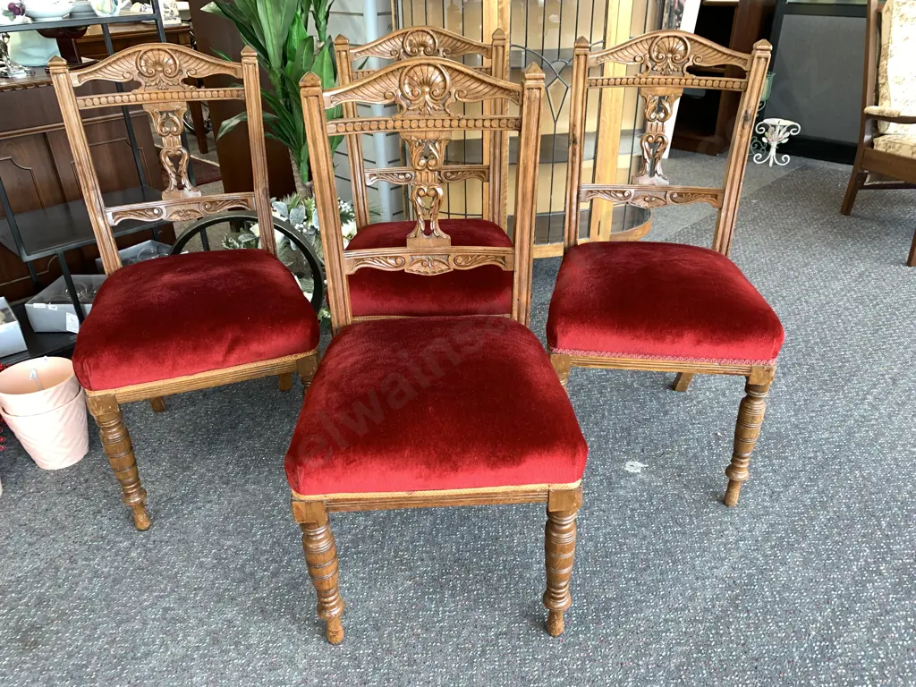 Set of 4 Edwardian Sprung Dining Chairs, Heavily Carved Backs Image 1++