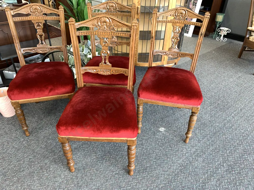 Set of 4 Edwardian Sprung Dining Chairs, Heavily Carved Backs Image 1++