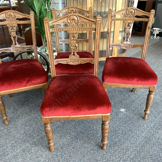 Set of 4 Edwardian Sprung Dining Chairs, Heavily Carved Backs