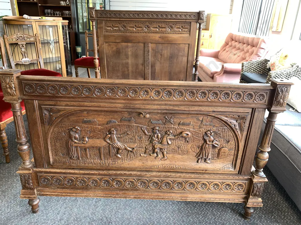 c1900 French Carved Oak Marriage Bed In The Brittany-style, Deeply Carved, (Old Borer Holes Has Been Treated) Image 1++