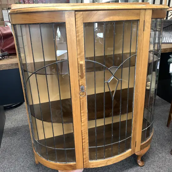 Art Deco Oak Leadlight Bow Front China Cabinet, Single Door With Key, H112 W96 D42cm