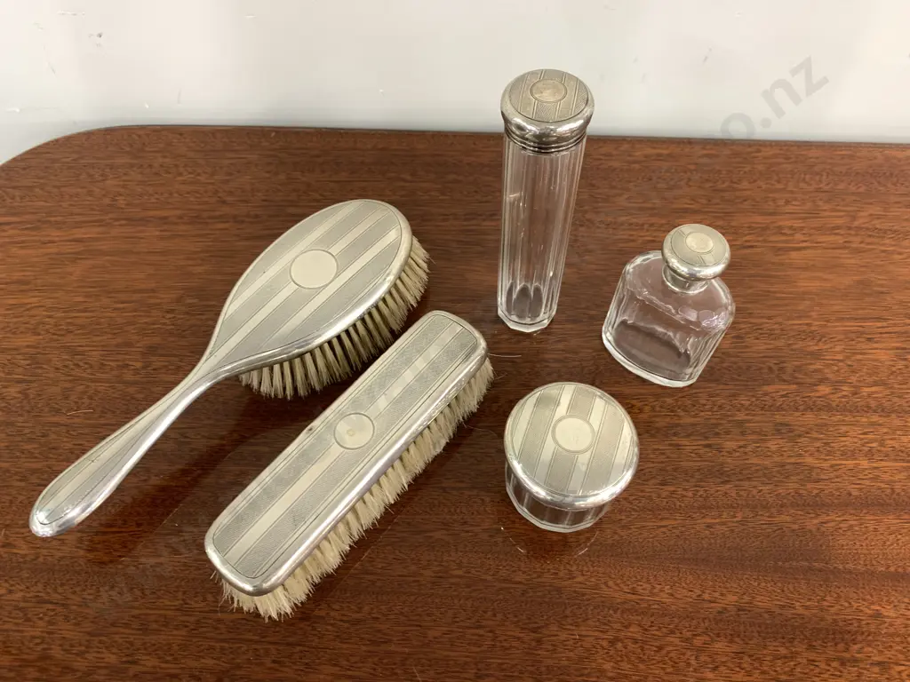 Hallmarked Mappin & Webb Sterling Silver 5 Pce Vanity Set Including Cut Glass Perfume Bottles,1928 Image 1++