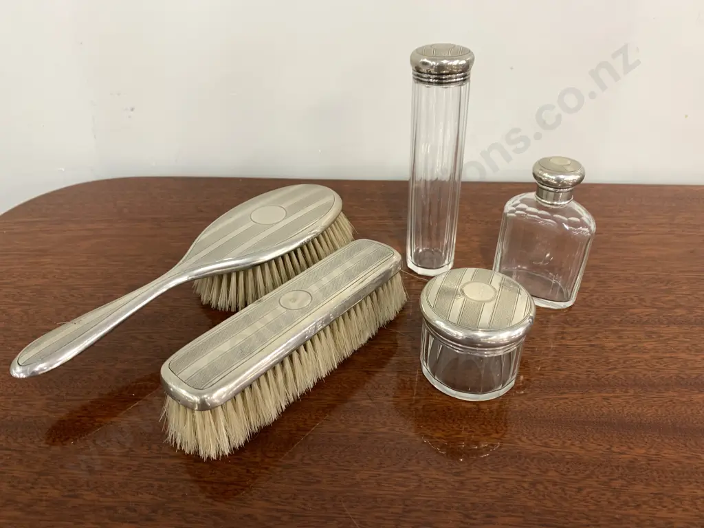 Hallmarked Mappin & Webb Sterling Silver 5 Pce Vanity Set Including Cut Glass Perfume Bottles,1928 Image 1++