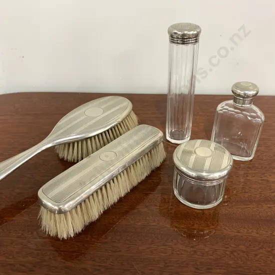Hallmarked Mappin & Webb Sterling Silver 5 Pce Vanity Set Including Cut Glass Perfume Bottles,1928