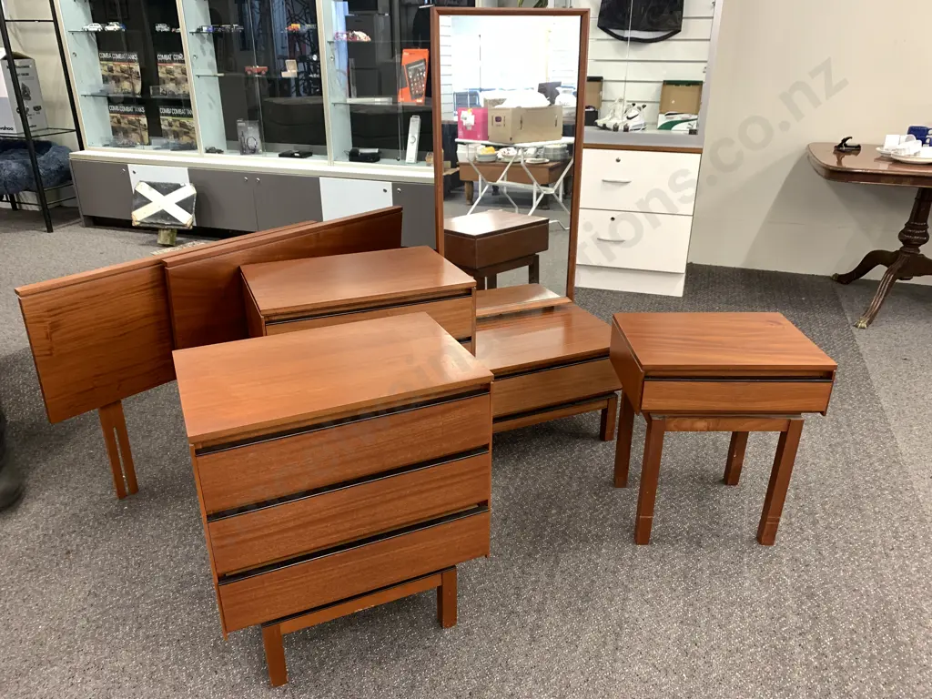 Stylish Retro Mid-Century 5 Piece Bedroom Set, Dressing Table, Chest of Drawers, Bedside Table & 2 Single Headboards Image 1++