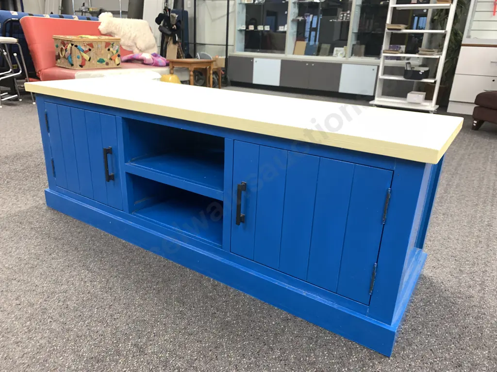 Country Style 2 Door Entertainment Unit, 2 Shelves, Black Wrought Handles, Butter Cream & Sky Blue, H55 W155 D47cm Image 1++