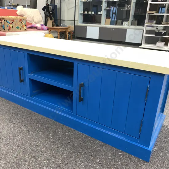 Country Style 2 Door Entertainment Unit, 2 Shelves, Black Wrought Handles, Butter Cream & Sky Blue, H55 W155 D47cm