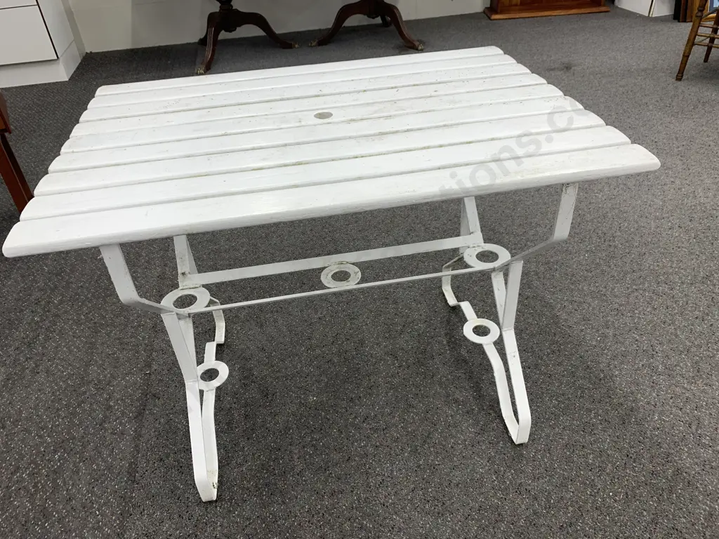 Vintage Retro White Outdoor Table, Slat Top On Steel Frame With Umbrella Hole, H71 W92 D65cm Image 1++