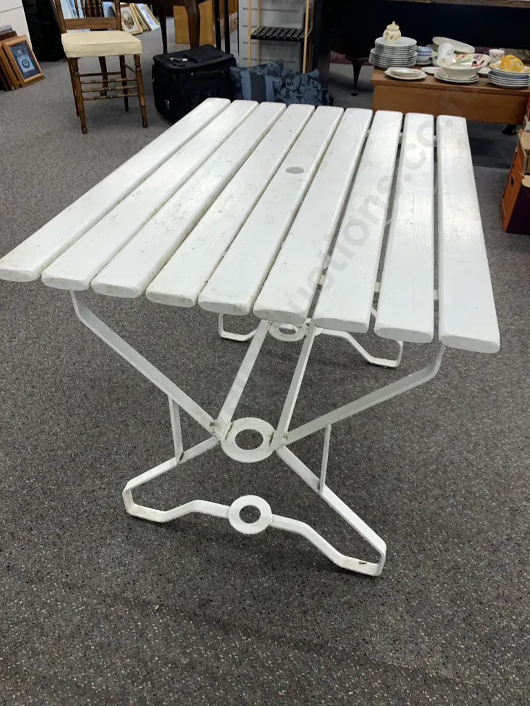 Vintage Retro White Outdoor Table, Slat Top On Steel Frame With Umbrella Hole, H71 W92 D65cm Image 1++