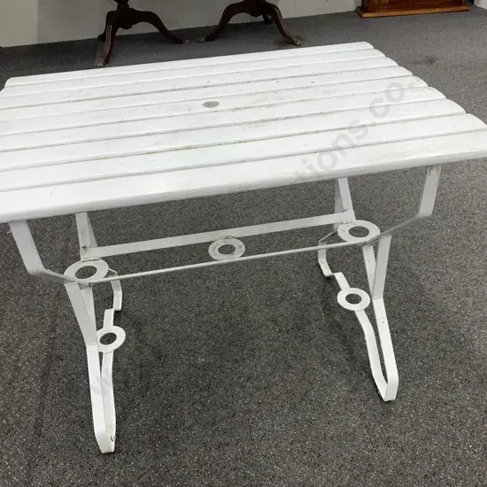 Vintage Retro White Outdoor Table, Slat Top On Steel Frame With Umbrella Hole, H71 W92 D65cm