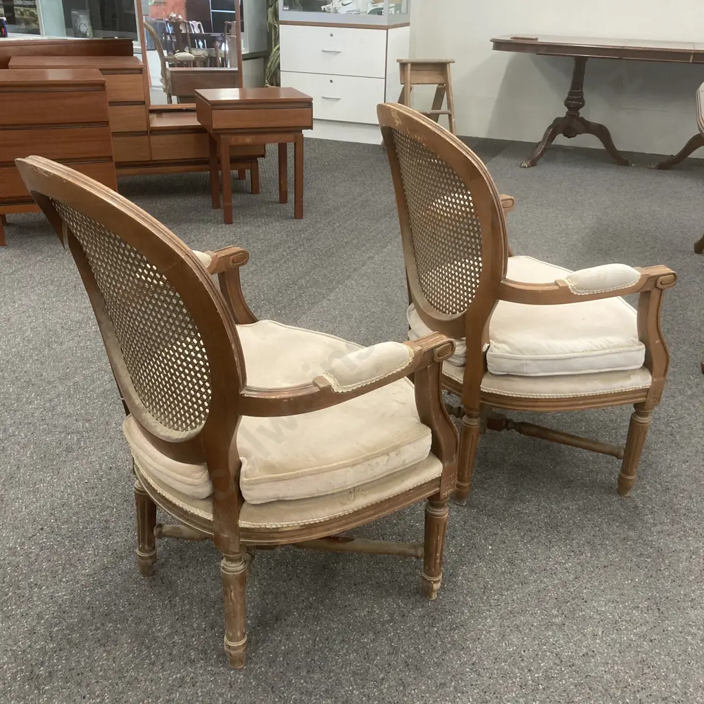 Pair of Vintage Louis XVI Style Upholstered Cane Back Bergere Chairs (As Found) Image 1++
