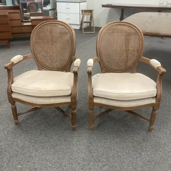 Pair of Vintage Louis XVI Style Upholstered Cane Back Bergere Chairs (As Found)