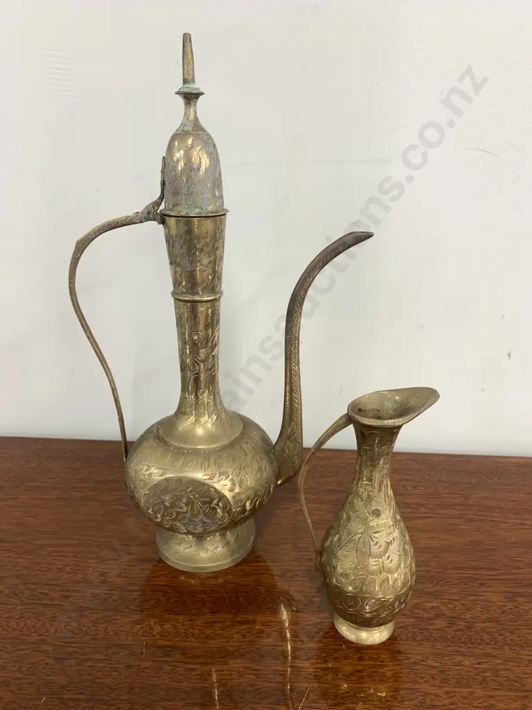Vintage Brass Engraved/ Etched Indian Coffee/Tea Pot H33cm & Pitcher H15cm Stamped India Image 1++