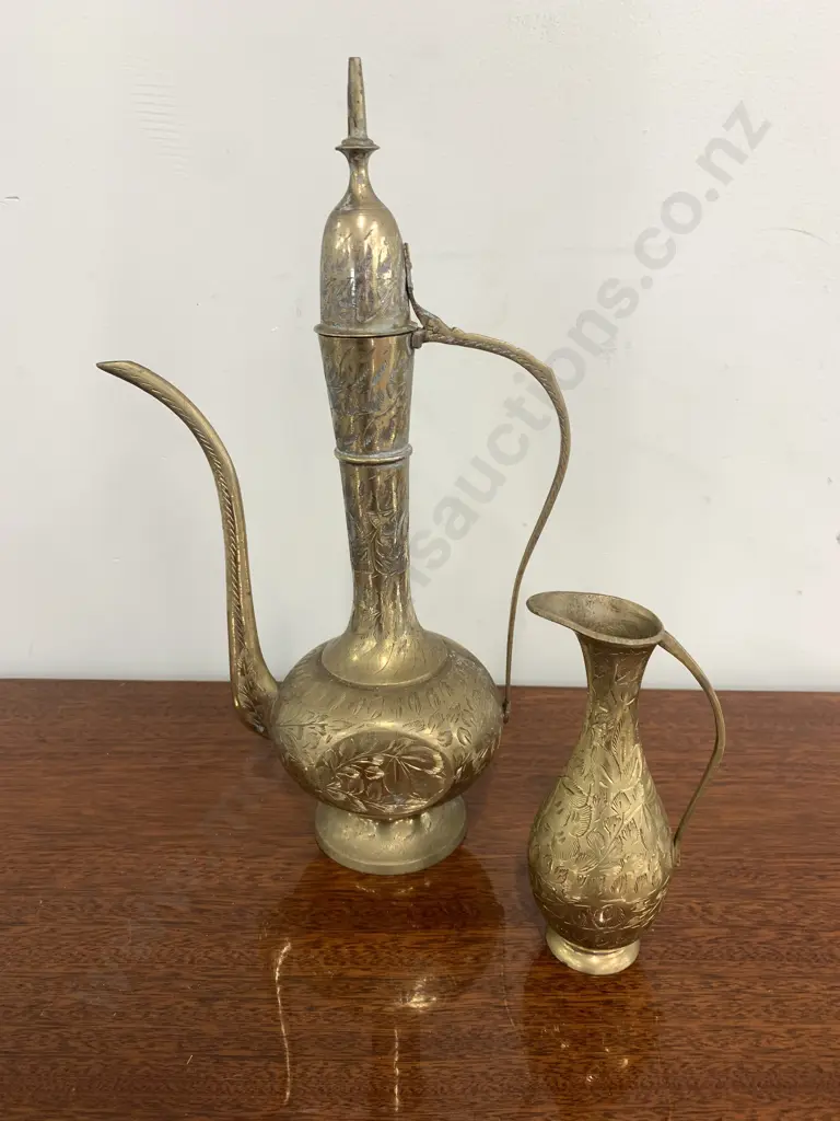 Vintage Brass Engraved/ Etched Indian Coffee/Tea Pot H33cm & Pitcher H15cm Stamped India Image 1++