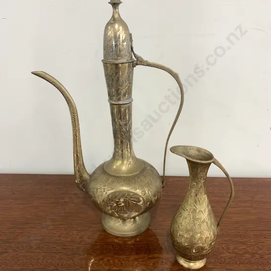 Vintage Brass Engraved/ Etched Indian Coffee/Tea Pot H33cm & Pitcher H15cm Stamped India
