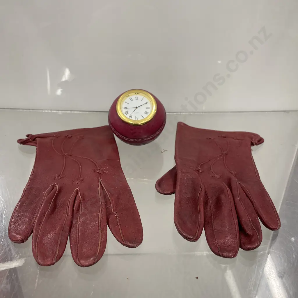 Vintage Burgundy Leather Ladies Gloves with Cricket Ball Quartz Clock (Sold With 062) Image 1++