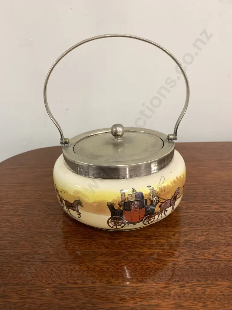 Rare Royal Doulton Coaching Days Seriesware Lidded Biscuit Barrel D2716, EPNS Lid, Rim and Handle Image 1++