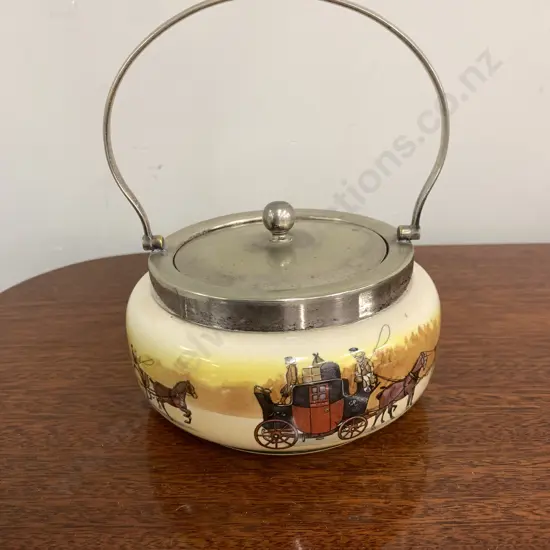 Rare Royal Doulton Coaching Days Seriesware Lidded Biscuit Barrel D2716, EPNS Lid, Rim and Handle
