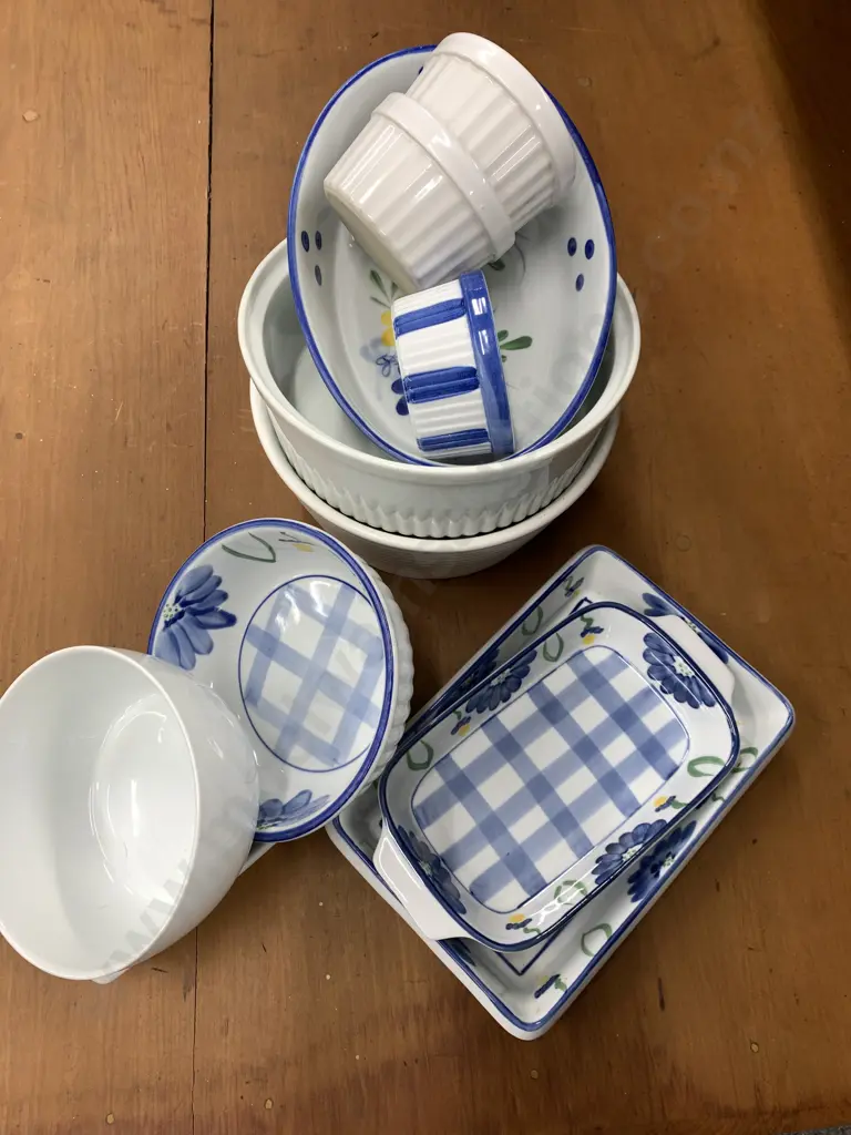 Assortment of Baking Dishes, Souffle Dishes, Blue & White Etc Image 1++