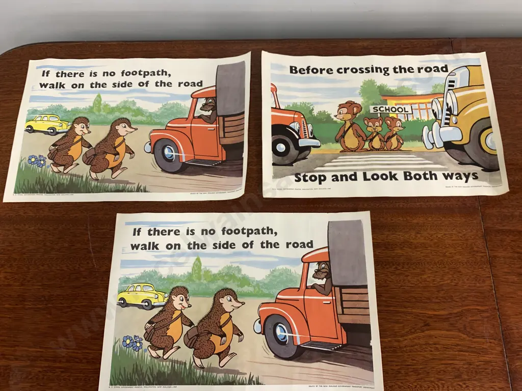 Vintage 1960s NZ Govt Transport Department Kids Road Safety Posters x 3 Image 1++