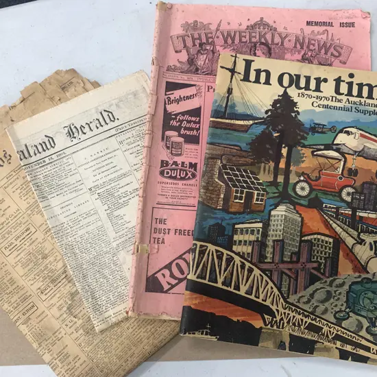 NZ Herald 1863, 1950 Taranaki Daily News, 1940 Weekly News & 1870-1970 Auckland Star Centennial Supplement