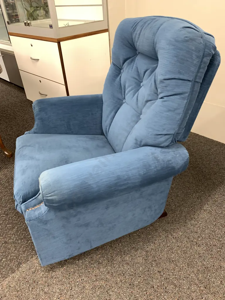 Denim Blue Colour Lazyboy Chair, Button Backed With Dome Detailing Image 1++