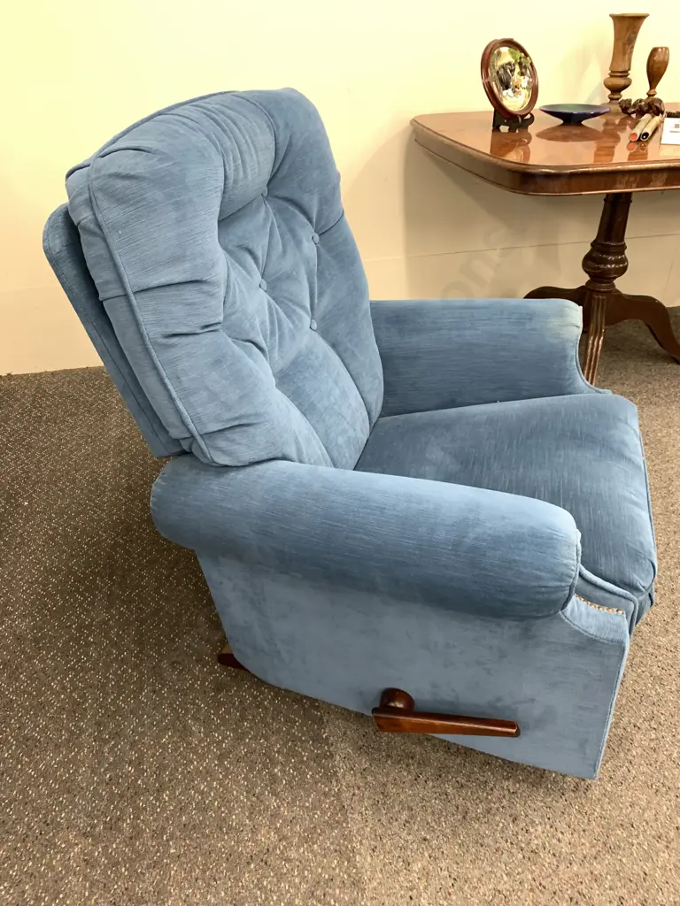 Denim Blue Colour Lazyboy Chair, Button Backed With Dome Detailing Image 1++