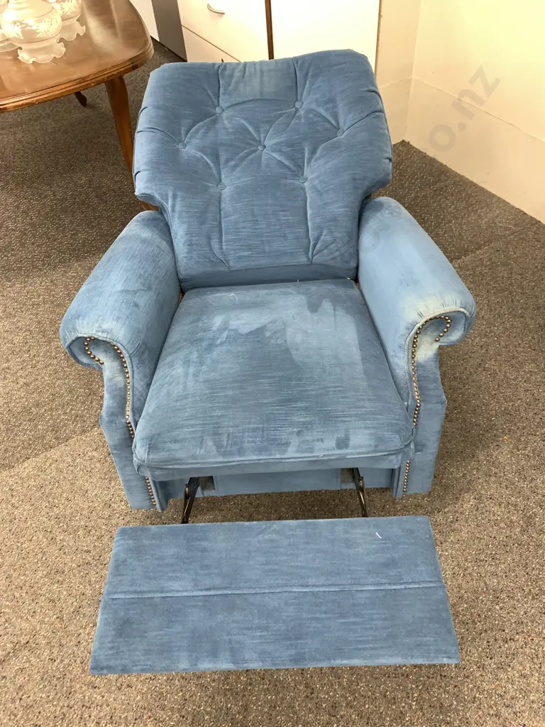 Denim Blue Colour Lazyboy Chair, Button Backed With Dome Detailing Image 1++