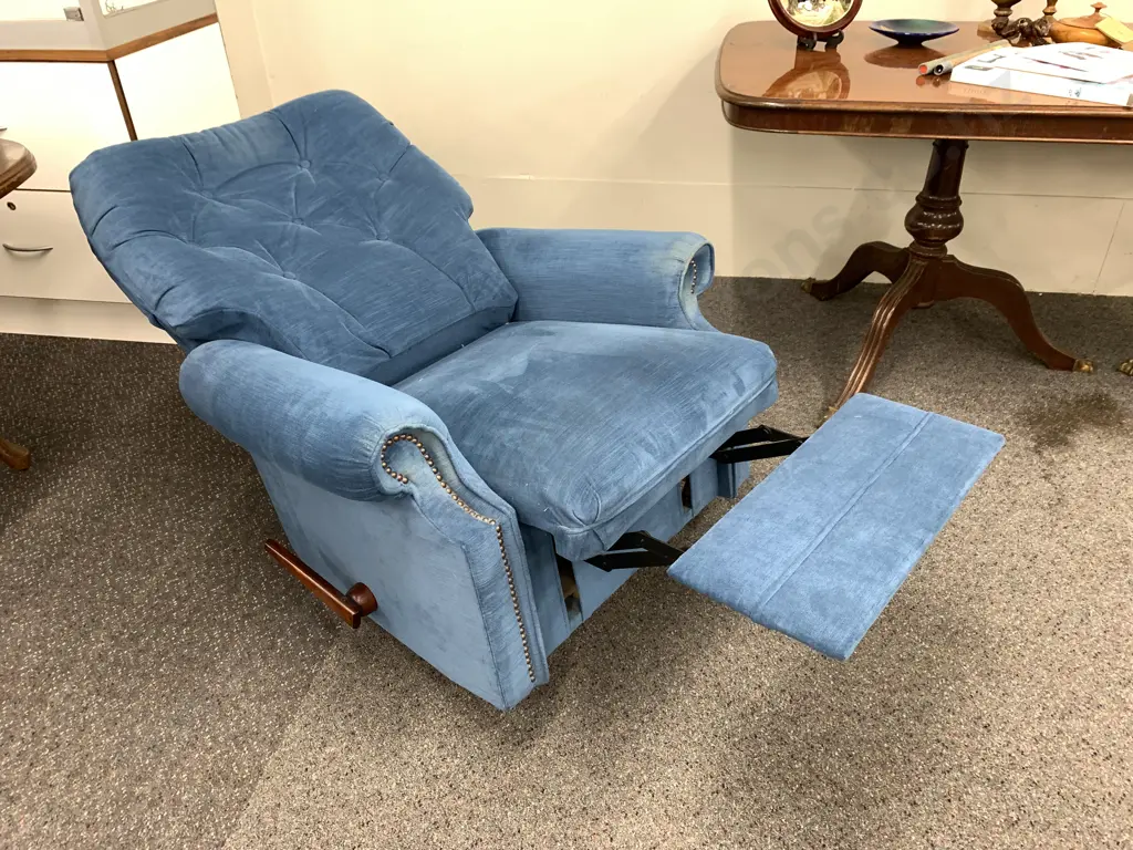 Denim Blue Colour Lazyboy Chair, Button Backed With Dome Detailing Image 1++