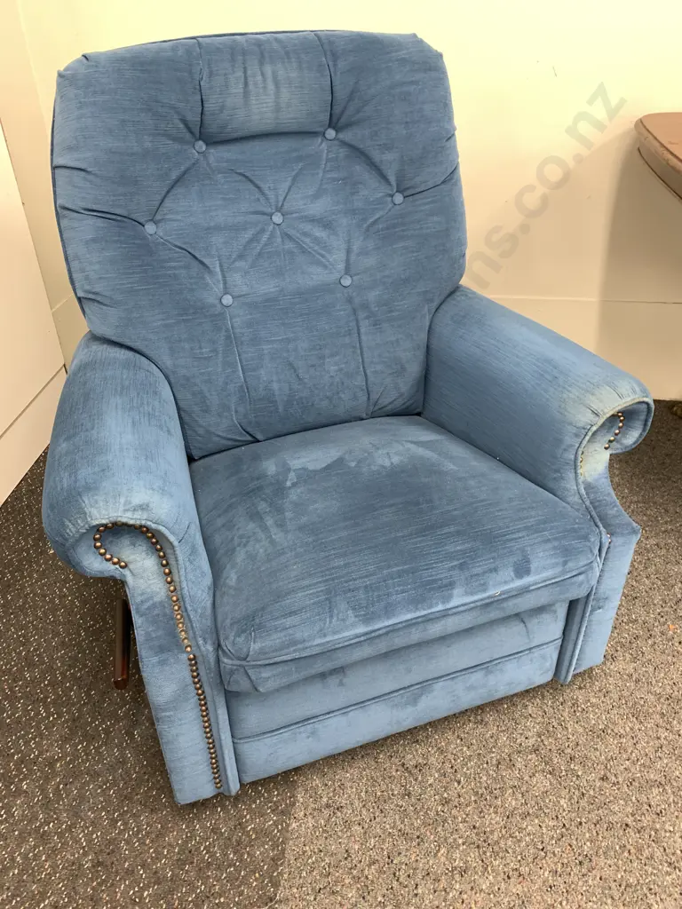 Denim Blue Colour Lazyboy Chair, Button Backed With Dome Detailing Image 1++