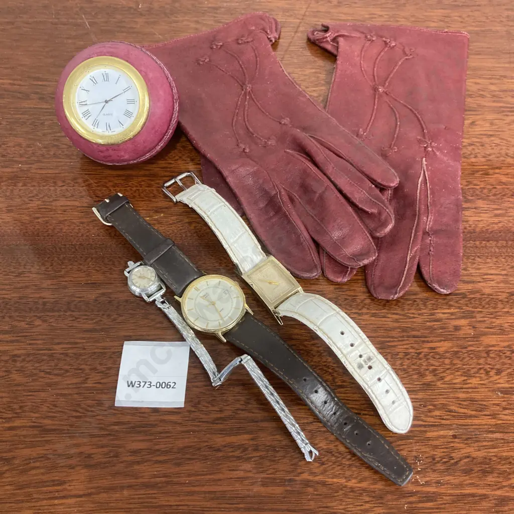 Vintage Burgundy Leather Ladies Gloves with Cricket Ball Quartz Clock & 3 x Watches - Pronto, Timex & Quartz Image 1++