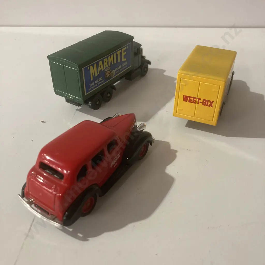 Lledo Models SL Coca Cola Chevrolet Car, DG 1950 Bedford 30cwt Weetbix & Scammell 6-Wheeler Marmite Trucks Image 1++