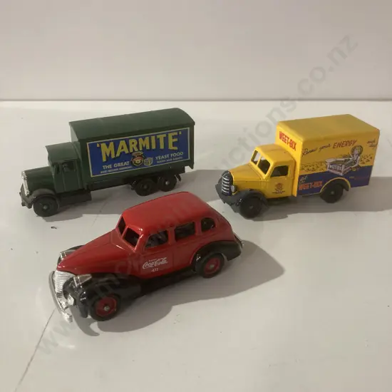 Lledo Models SL Coca Cola Chevrolet Car, DG 1950 Bedford 30cwt Weetbix & Scammell 6-Wheeler Marmite Trucks